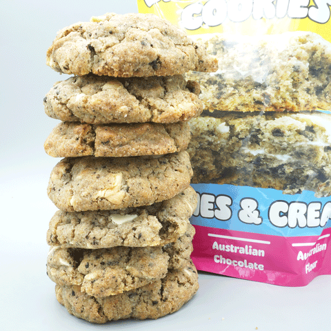 The Dough Parlour Cookies and Cream Premix bag with dark cocoa and white chocolate cookies.