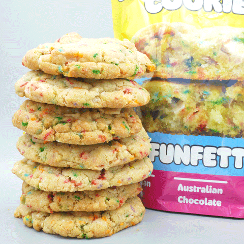 The Dough Parlour Funfetti Birthday Cake cookie premix bag with colorful sprinkle cookies.
