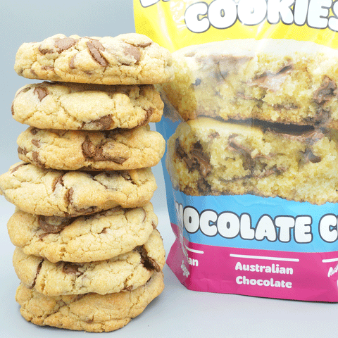 Oversized chewy chocolate chip cookies made from a bake-at-home mix.