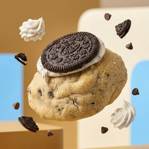 Thick New York style cookies and cream cookie cored and filled with Oreo ganache, topped with a whole Oreo biscuit.