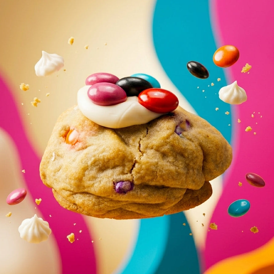 M&M Loaded NY Style Cookie | White Chocolate Ganache