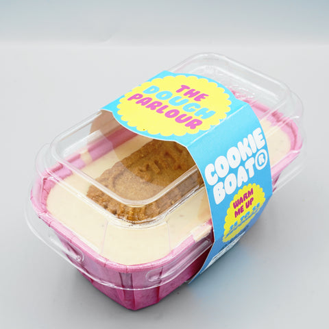 Biscoff Cookie Boat sealed in its clear-lid gift packaging with The Dough Parlour sleeve