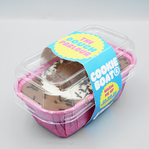 Caramello Koala Cookie Boat sealed in its clear-lid gift packaging with The Dough Parlour sleeve