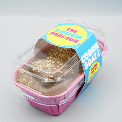 Choc Honeycomb Cookie Boat sealed in its clear-lid gift packaging with The Dough Parlour Cookie Boat sleeve